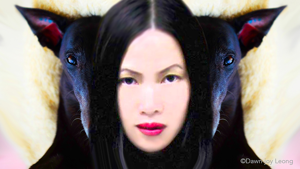 A vibrant fantasia portrait of Lucy and Dawn. In the centre, the full face of an Asian woman, almond shaped eyes, full red lips, looks straight ahead, eyes fixed and determined. Behind her, she is flanked on either side by half-faced mirror images of Lucy, black Greyhound, ears alert and eyes gentle but confident, also fixed on a vision straight ahead. On the left, a lone goldfish, suspended in mid-air, joins their frontal gaze into the distance. Background swirls of beige, brown, and light pink.