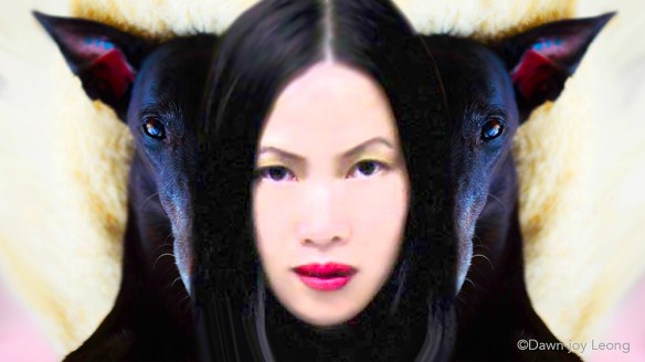 A vibrant fantasia portrait of Lucy and Dawn. In the centre, the full face of an Asian woman, almond shaped eyes, full red lips, looks straight ahead, eyes fixed and determined. Behind her, she is flanked on either side by half-faced mirror images of Lucy, black Greyhound, ears alert and eyes gentle but confident, also fixed on a vision straight ahead. On the left, a lone goldfish, suspended in mid-air, joins their frontal gaze into the distance. Background swirls of beige, brown, and light pink.